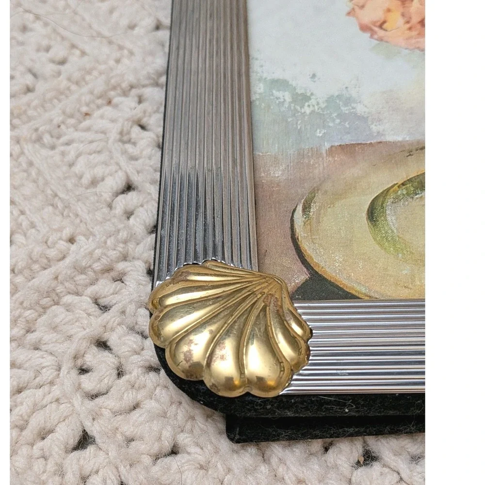 Vintage Silver Ribbed Picture Frame Gold Shell Corners Coastal Regency 8x10